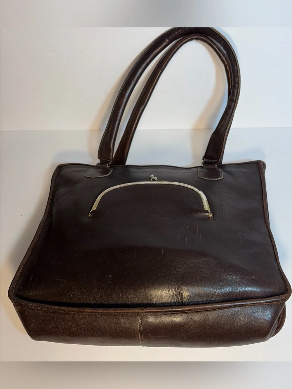 Vintage 1970’s Cashin-Inspired Dark Brown Slim Leather Tote Handbag Kiss Lock